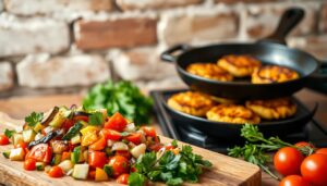 Ratatouille com hamburgers de grão-de-bico