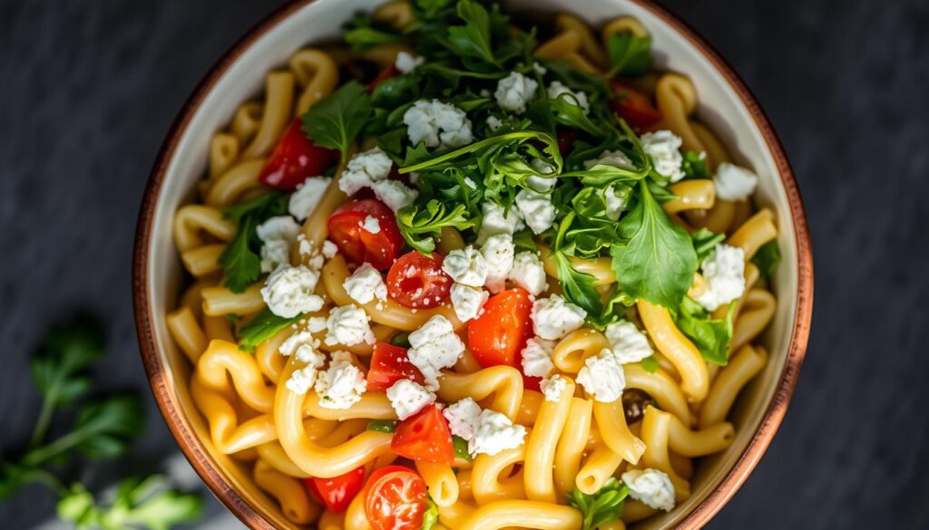 Salada de macarrão com rúcula e queijo