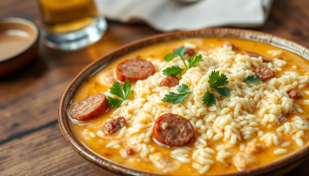 arroz cremoso com linguiça