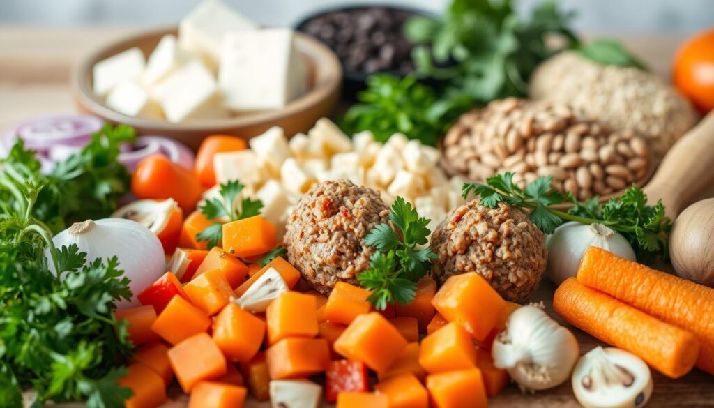 ingredientes para almôndegas vegetarianas