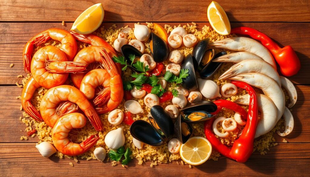 ingredientes para paella de frutos do mar