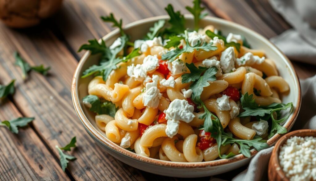 salada de macarrão com rúcula e queijo
