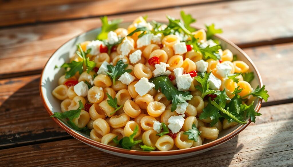 salada de macarrão com rúcula e queijo