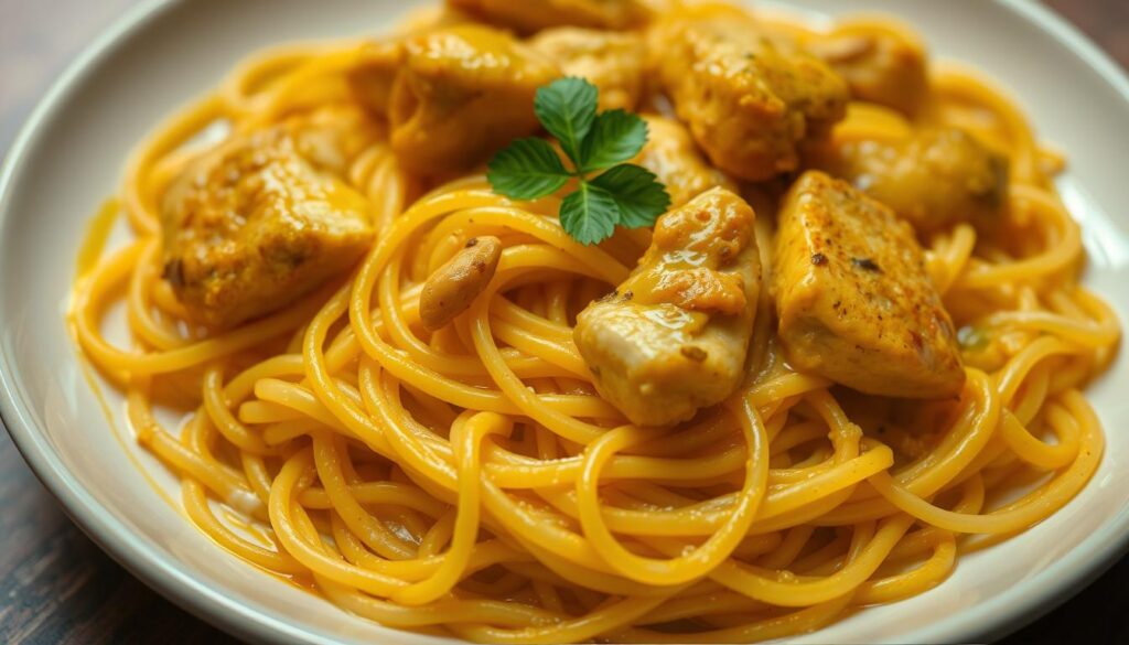 Receita de Espaguete com frango ao molho curry