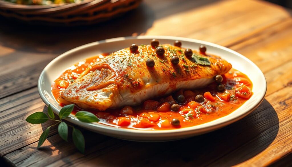 Receita de Peixe com molho de tomate e alcaparras