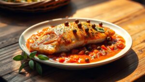 Receita de Peixe com molho de tomate e alcaparras