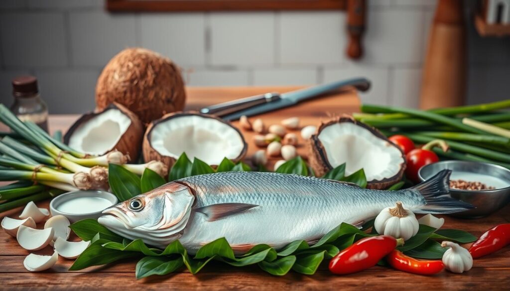 ingredientes para cação ao molho de leite de coco