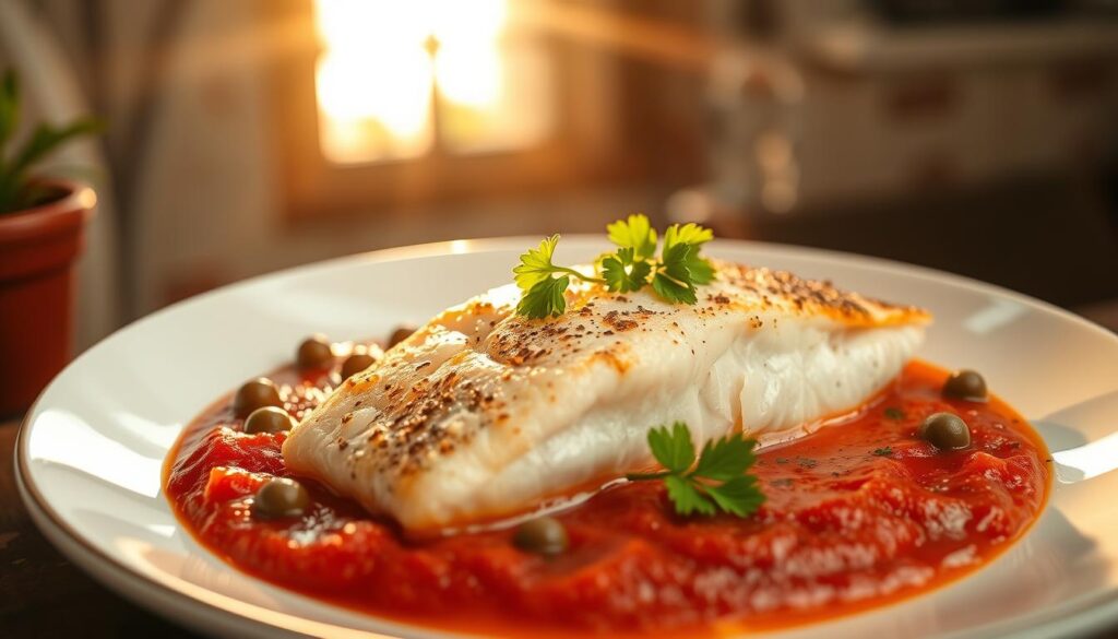 peixe com molho de tomate e alcaparras